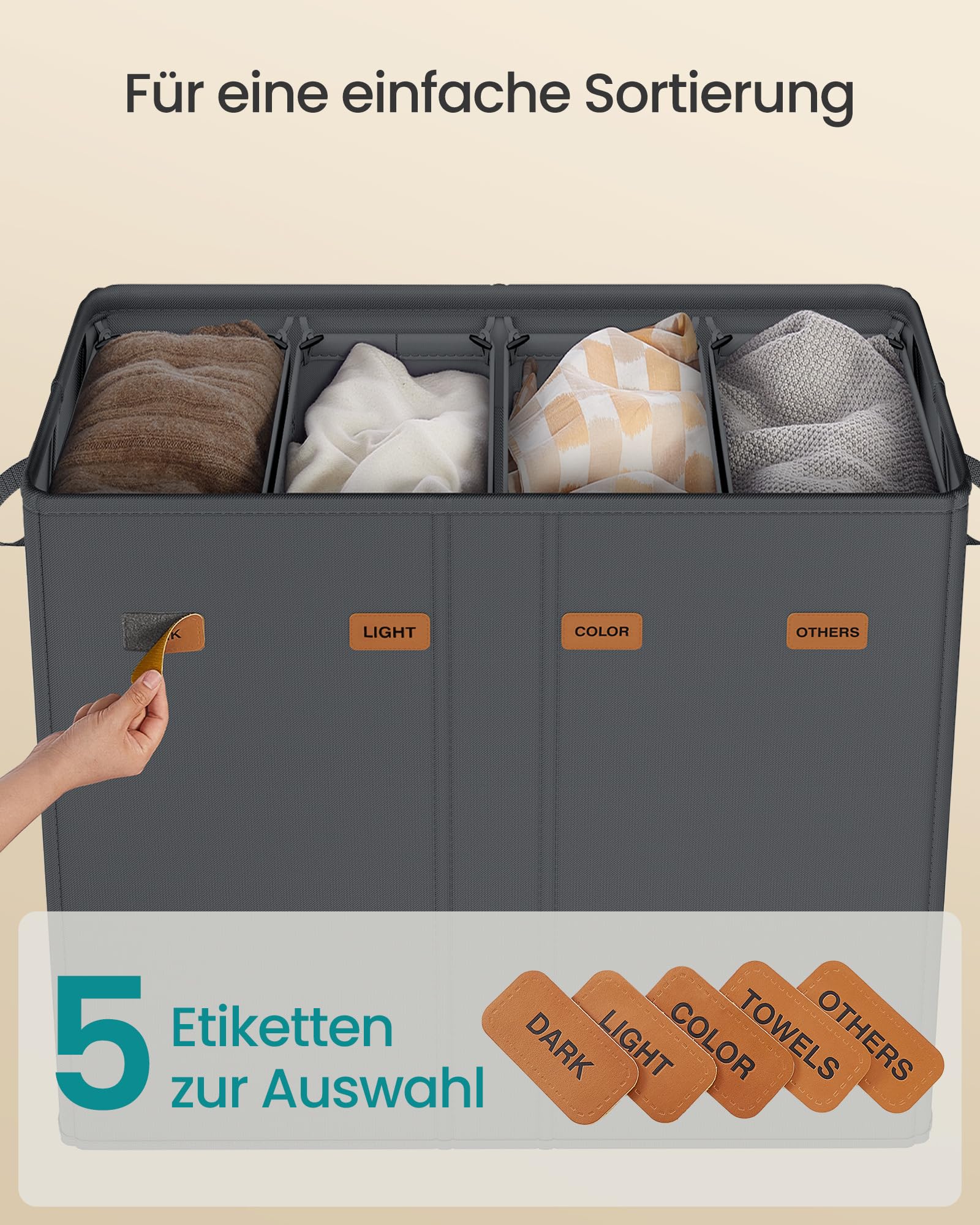 SONGMICS Wäschekorb mit 4 Fächern, 210 L, mit Deckel, 5 Etiketten, herausnehmbarer und waschbarer Innensack, Waschküche Schlafzimmer, dunkelgrau RLH014G01 4
