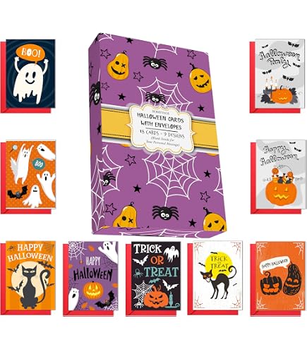 Halloween Greeting Cards Pack — 18 Cards, 9 Spooky Designs, With Envelopes & Stickers — Perfect For Friends, Family, Coworkers