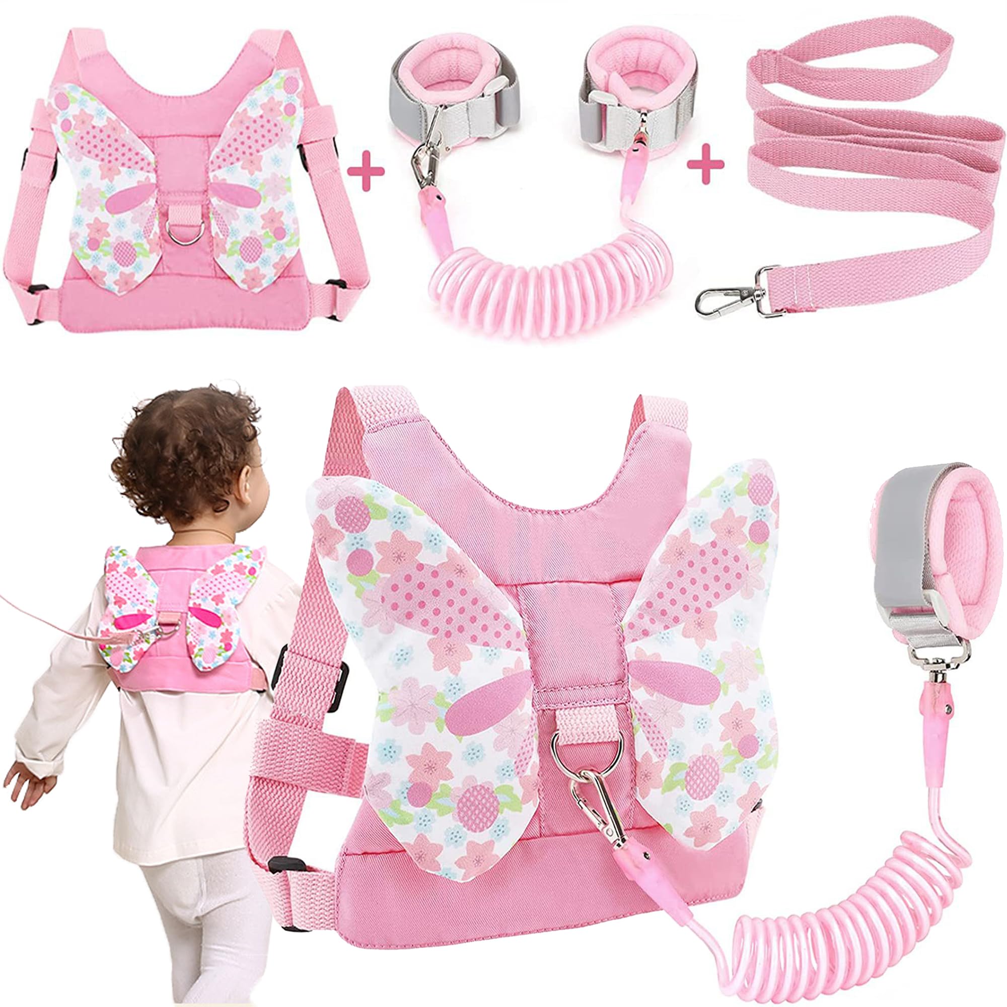 XFLYP Baby Reins, 3 in 1 Anti-Lost Toddler Reins with Lock and 1.5m Bungee Straps Link, Child & Toddler Safety Walking Harness with Butterfly Wings, Toddler Reins for Walking 1-3 Years(Pink)