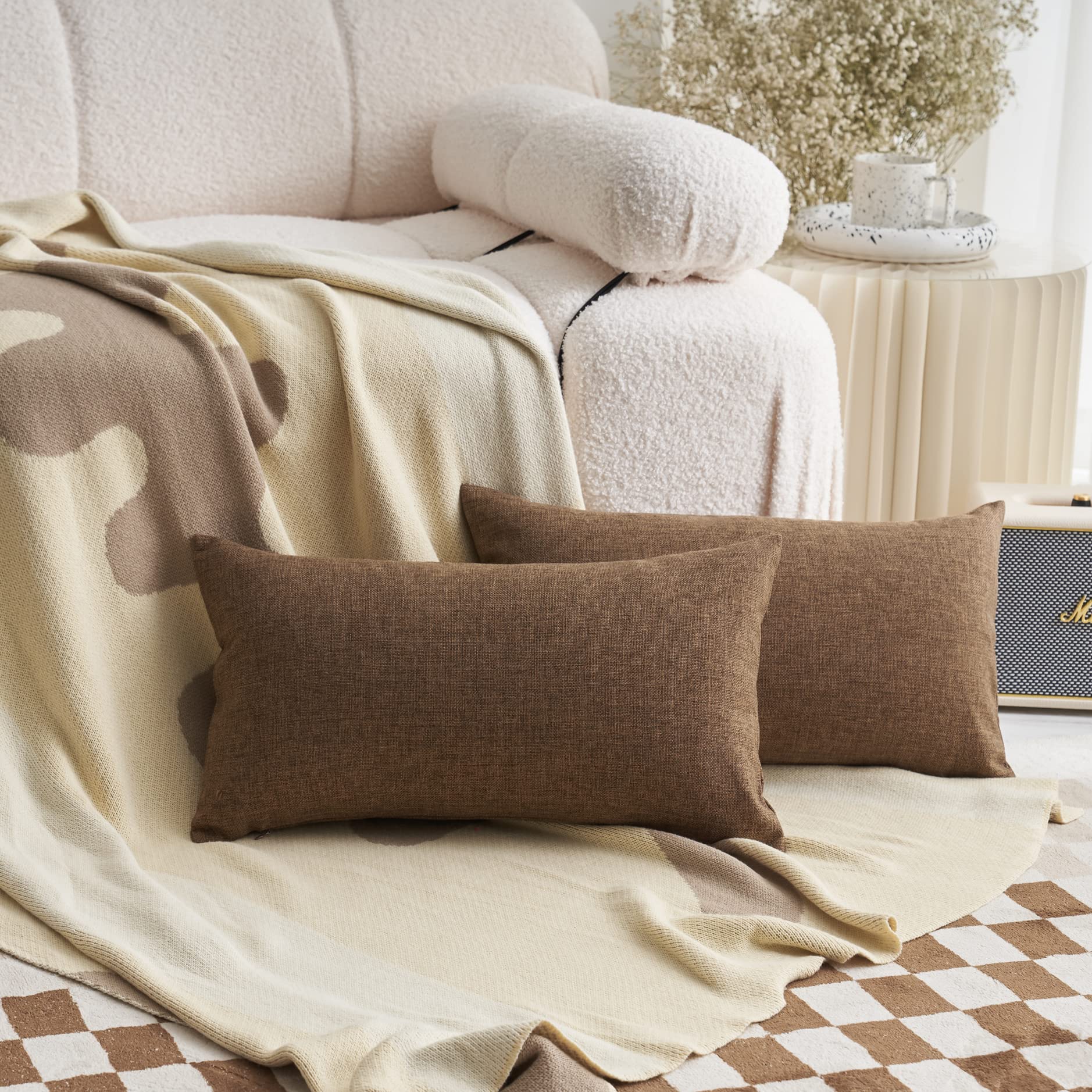 Photo 1 of Demetex Throw Pillow Covers, Soft Linen Pillow Covers Set of 2, Rectangle Lumbar Pillowcases for Couch Office Chair Men, 12x20 inch, Brown
