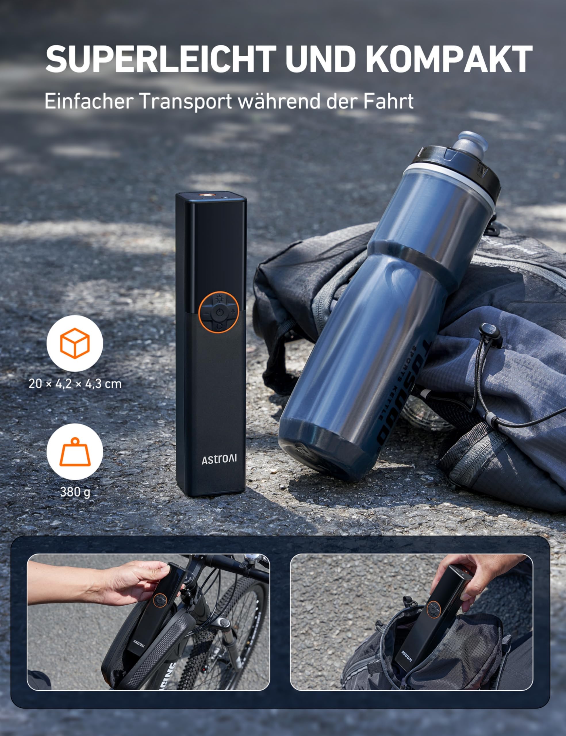 AstroAI Fahrradpumpe Elektrische Luftpumpe, 150PSI Mini Tragbare Akku Fahrradpumpe alle ventile, Hochspannungsmotor Speziell für Fahrrad, Wiederaufladbare für Stadtrad, Rennrad, Mountainbike, Orange 5