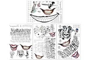 4 Sheets Large-Size Joker Tattoos, NEDEQI Halloween Fake Temp Tattoo for Men Adult - All Versions - Realistic & Last Long Joker Sticker Perfect for Halloween Costumes Cosplay Makeup Party Accessories
