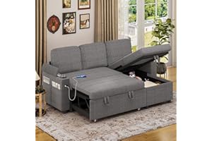 Convertible Sofa Bed, 80" Sectional Pull Out Sleeper Sofa Couch with Storage, 6 Adjustable Backrest, Cup Holder & USB Port, 3