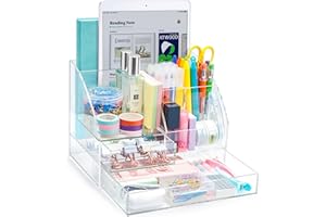 ARCOBIS Acrylic Desk Organizer with 2 Drawers, Clear Office Desktop Accessories Stationery Pen Organizer for Desk, Features 5 Compartments + 2 Sliding Drawer