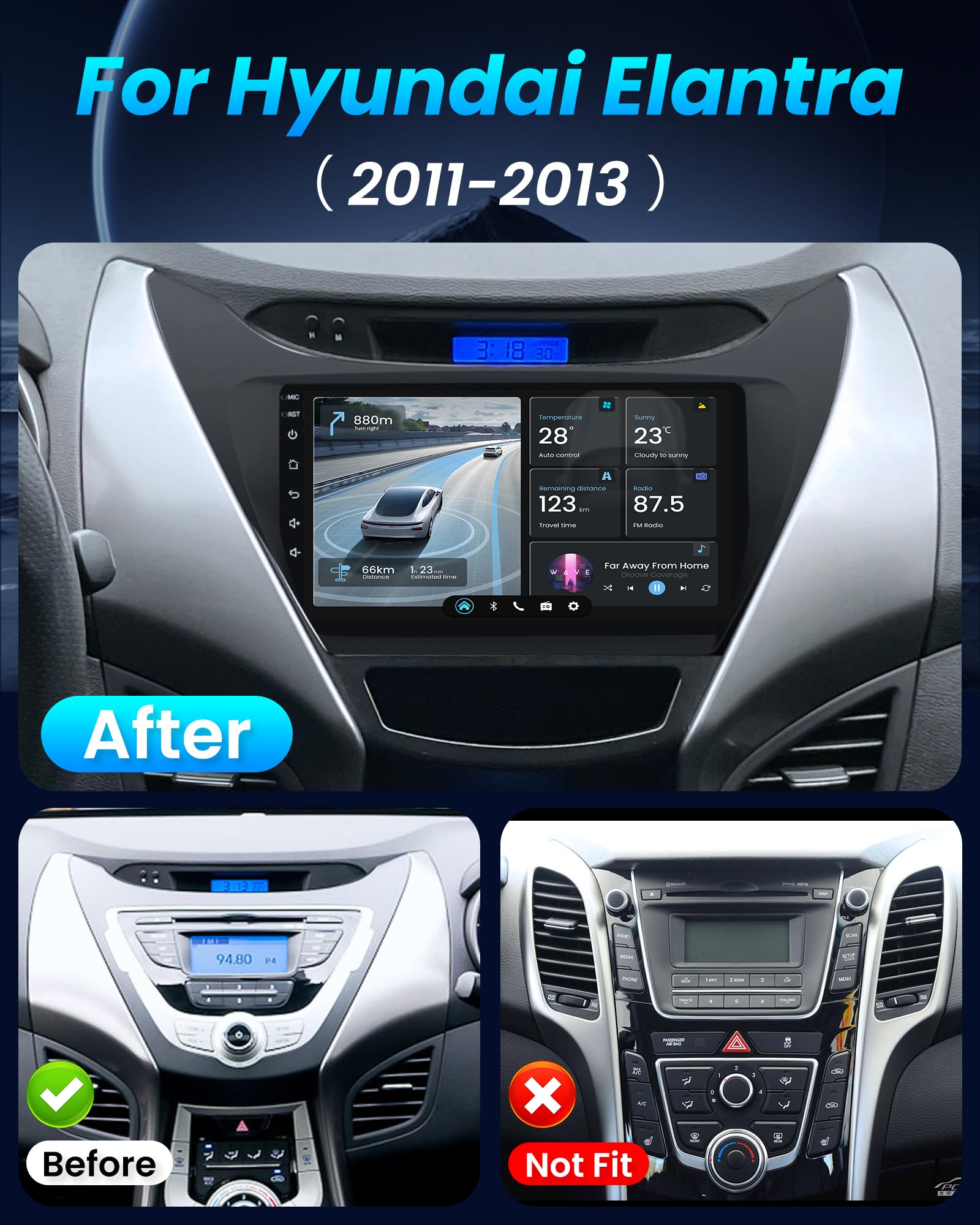 5G WiFi 4Core 64G Car Radio Stereo for Hyundai Elantra 2011 2012 2013: 9 Inch 1280 * 800 HD Touch Screen Head Unit Replacement with Backup Camera - Upgrade Wireless Carplay Bluetooth GPS FM SWC HiFi