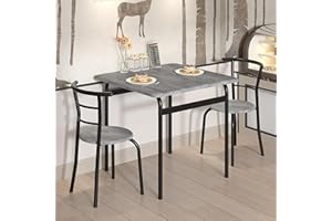 VECELO 3 Piece Dining Table & Chairs Set for 2, Metal and Wooden Square Kitchen Dinette Set for Small Space, Breakfast Nook, Saving Space, Grey