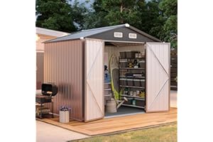 Aoxun 7.4x5.3FT Shed with Floor Galvanized Steel Outdoor Storage Shed Metal Garden Shed with Double Doors, 15mm Moisture-Proof Floor & Ventilation, Sloped Roof for Bike/Generator/Tool Storage (Brown)