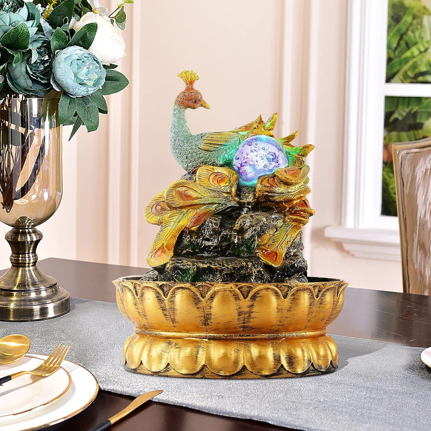 Indoor Fountains & Accessories - BEAMNOVA Tabletop Fountain,Indoor Fountain with Led Light Rolling Ball,Relaxing Water Sounds for Stress Relief,Peacock Waterfall Fountain for Office Home Decor