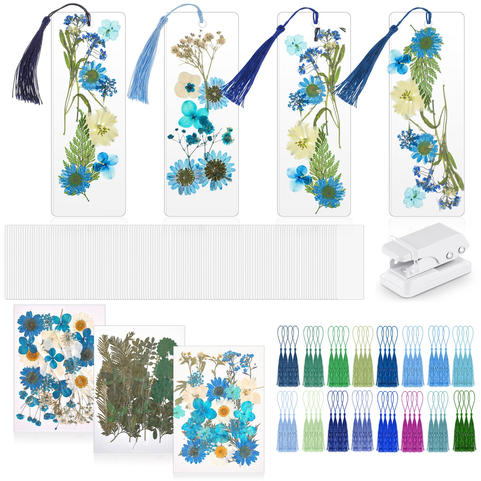 Photo 1 of Fuyoooo 150 Pcs DIY Pressed Dried Flower Bookmark Making Kit, DIY Bookmark Bulk Thanksgiving Teacher Gifts for Reading Women Book Lovers(2 x 6 Inch,Blue Color)