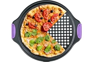 Amazing Abby - Chef Stacy - 13-Inch Non-Stick Pizza Pan with Holes, Perforated Pizza Crisper with Heat-Resistant Silicone Handle Grips, Oven-Safe Bakeware, Carbon Steel Baking Pan for Oven