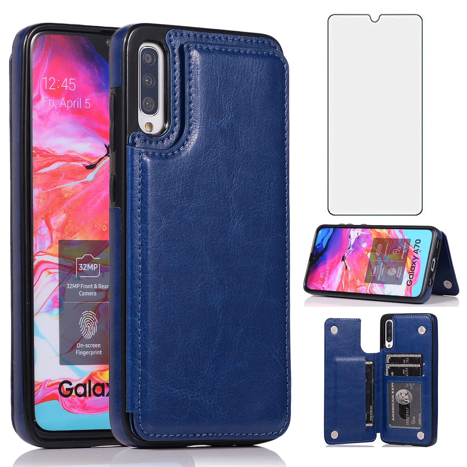 Asuwish Compatible with Samsung Galaxy A50 Wallet Case Tempered Glass Screen Protector Card Holder Cover Stand Magnetic Flip Cell Phone Cases for Glaxay A 50 Gaxaly S50 50A SM A505G Women Men Blue