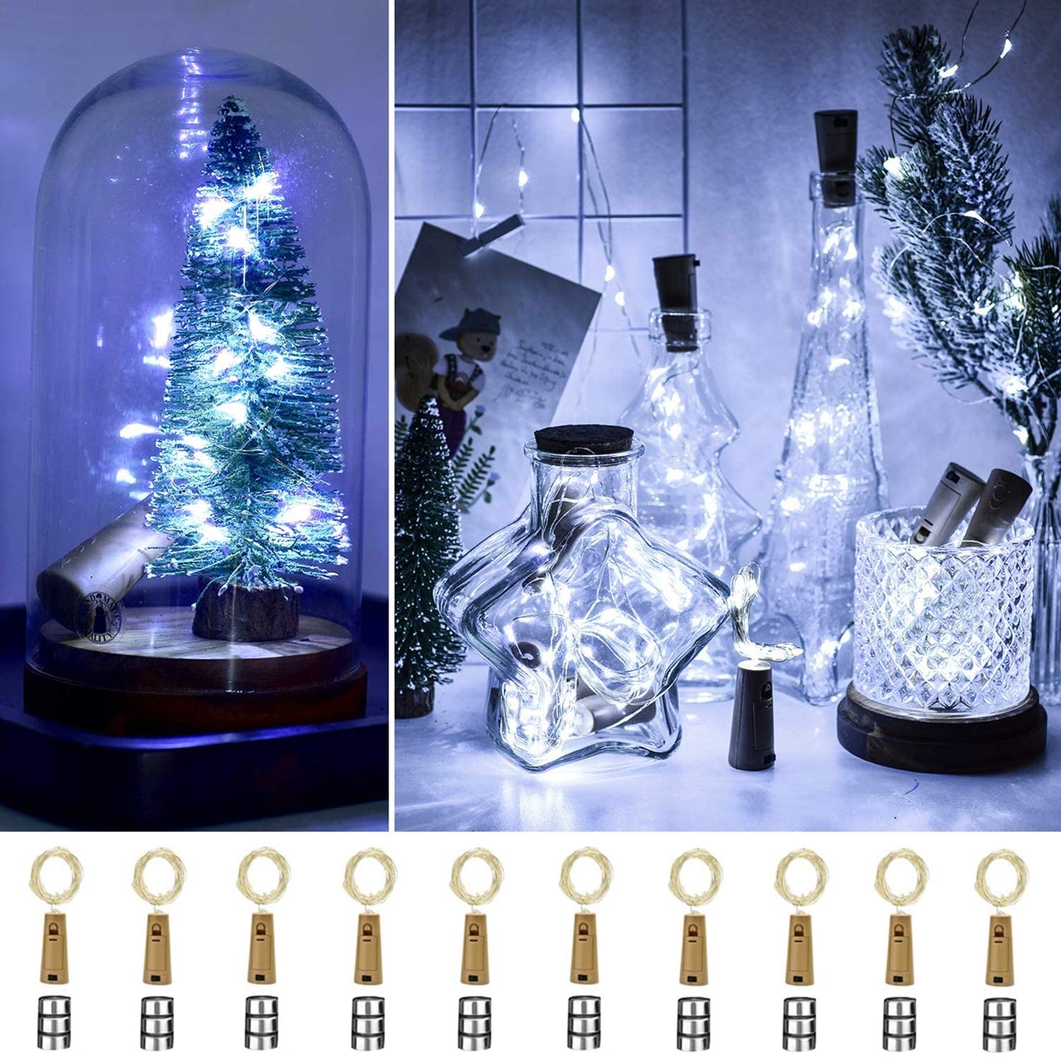 ooklee 10 Pack Wine Bottle Lights with Cork, 2m 20 LED Cork Lights for Wine Bottles, Copper Wire Fairy String Light for Home Table Party Wedding DIY Garden Jar Decoration Gift (Cold White)