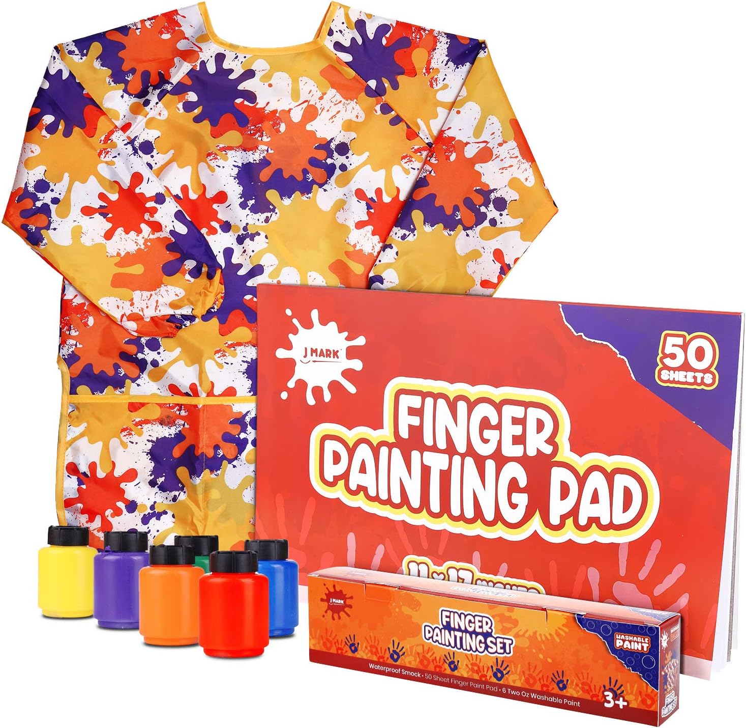 Washable Finger Paint Set for Kids – 8-Piece Set with 50-Sheet Large Paper Pad, 6 Non Toxic Washable Tempera Paints and Art Smock: Home Improvement