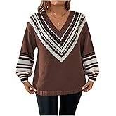 WDIRARA Women's Plus Size Striped Color Block Sweater V Neck Long Sleeve Pullover Knit Tops