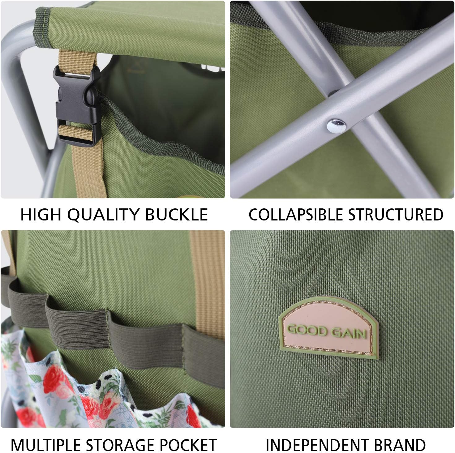 Good GAIN Garden Tools Stool, 12 pcs Gardening Hand Tools Set with Folding Chair Seat and Garden Storage Tote Bag, Garden Tools Carrier, Digging, Gardening Gifts Set for Mom/Dad and Gardeners. Rose: Garden & Outdoor