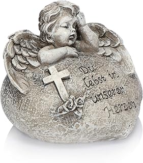 com-four® Grab Dekoration Engel, Gedenkstein mit Rosen und Kreuz, wetterfester Grabschmuck, Trauerstein mit Gedenkspruch (1 Stück - Engel Du lebst in unseren Herzen)