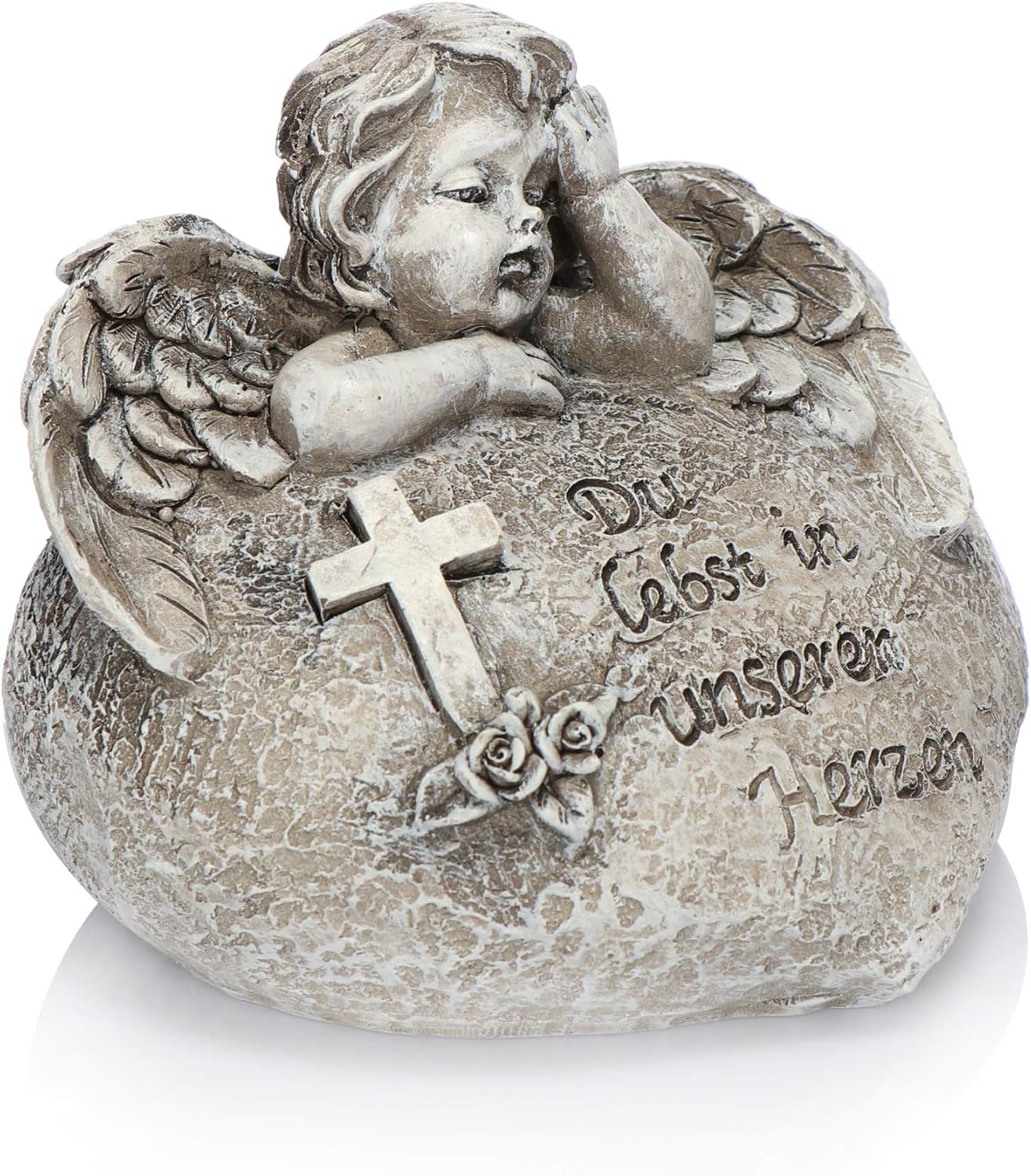 com-four® Grab Dekoration Engel, Gedenkstein mit Rosen und Kreuz, wetterfester Grabschmuck, Trauerstein mit Gedenkspruch (1 Stück - Engel Du lebst in unseren Herzen)