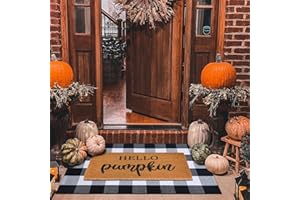 HOMYDECOR Fall Decor Door Mat Combo Set, 100% Coco Coir Welcome Mat + 28 x 43 Inches Black and White Plaid Rug - Fall Thanksgiving Front Porch Entryway Floor Doormat, Indoor Outdoors Autumn Mats Hello Pumpkin