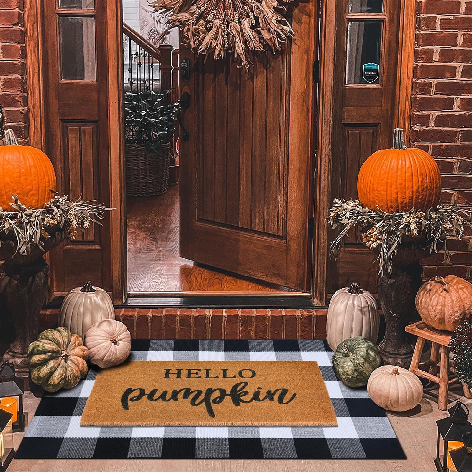 Photo 1 of Fall Decor Door Mat Combo Set, 100% Coco Coir Welcome Mat + 28 x 43 Inches Black and White Plaid Rug - Fall Thanksgiving Front Porch Entryway Floor Doormat, Indoor Outdoors Autumn Mats Hello Pumpkin