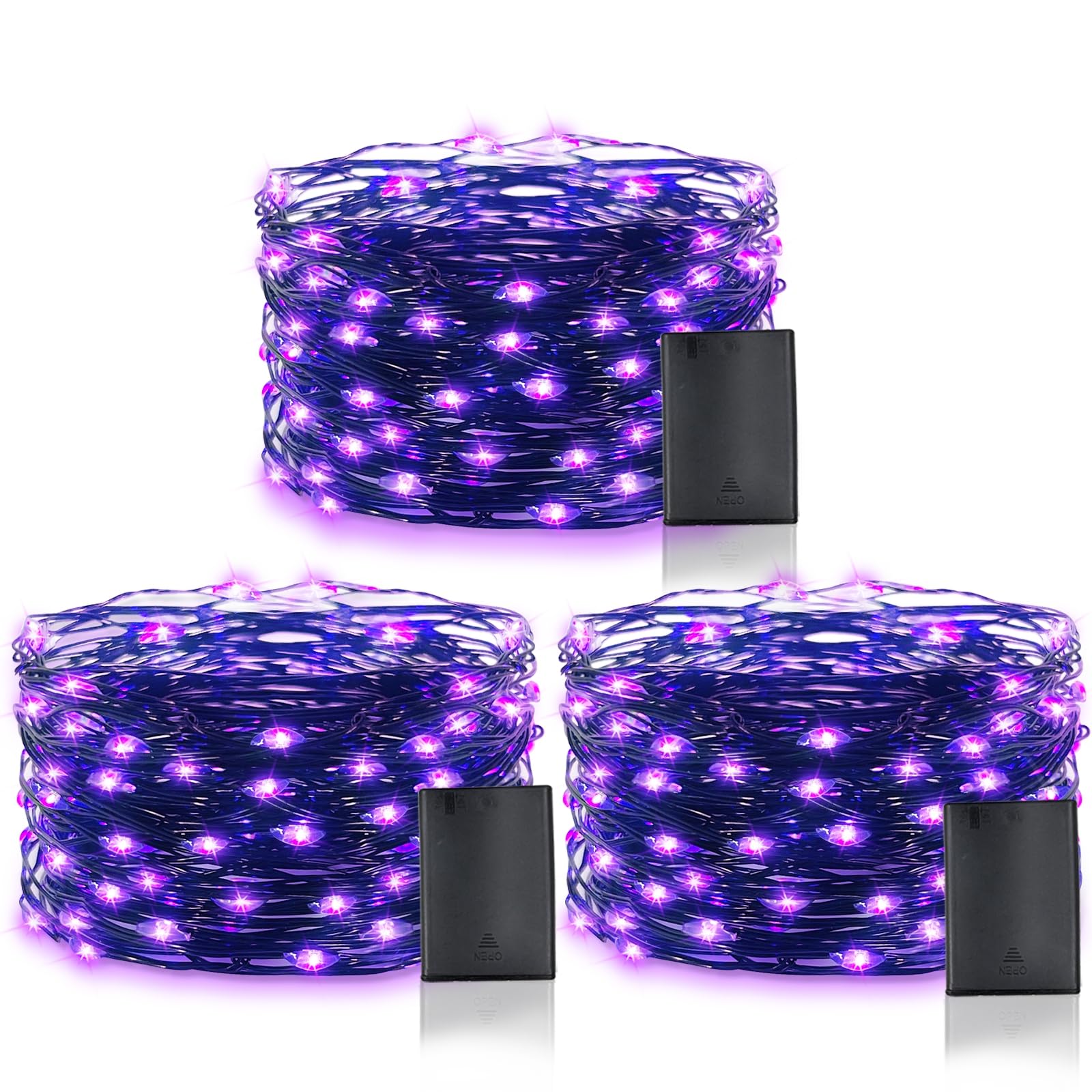 Photo 1 of TURNMEON 3 Set Purple Lights Halloween Lights with Timer, Halloween String Lights Battery Powered Copper Wire Fairy Lights Halloweens Decorations for Home Yard Party Indoor Outdoor, 10 Ft 30 LED Each