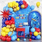 Red Blue Yellow 6th Birthday Balloons Arch, Royal Blue Metallic Gold Balloon Garland Kit, Red Star Foil Blue Number 6 Balloon Tower for 6 Year Old Kids Boys Birthday Baby Shower Party Decorations