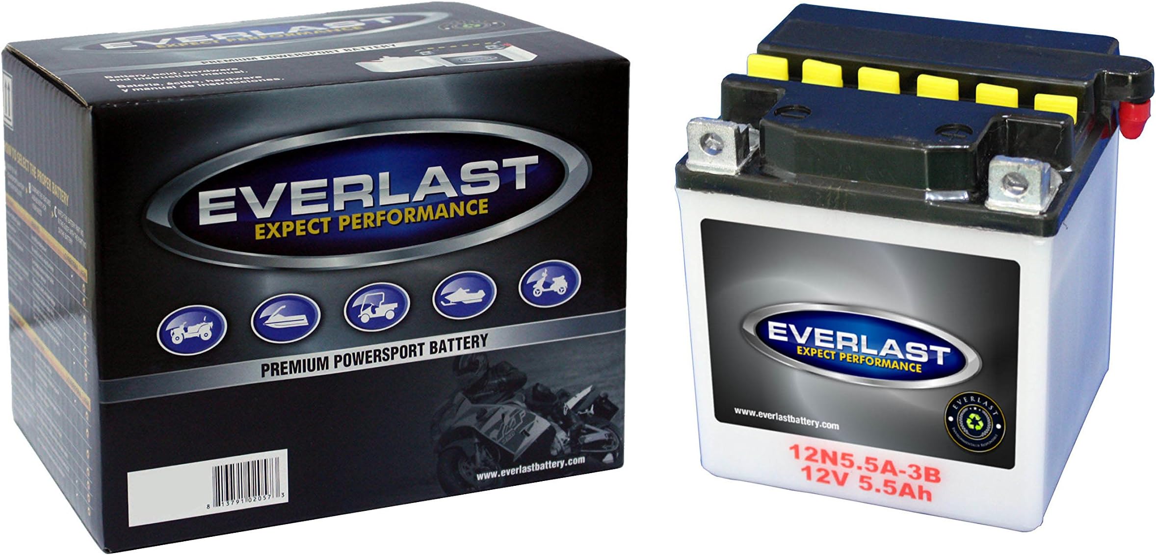 EverLast Battery - 12N5.5A-3B - 12 Volt, Conventional Battery with Acid Pack -4 1/8 L X 3 9/16 W X 4 1/2 H