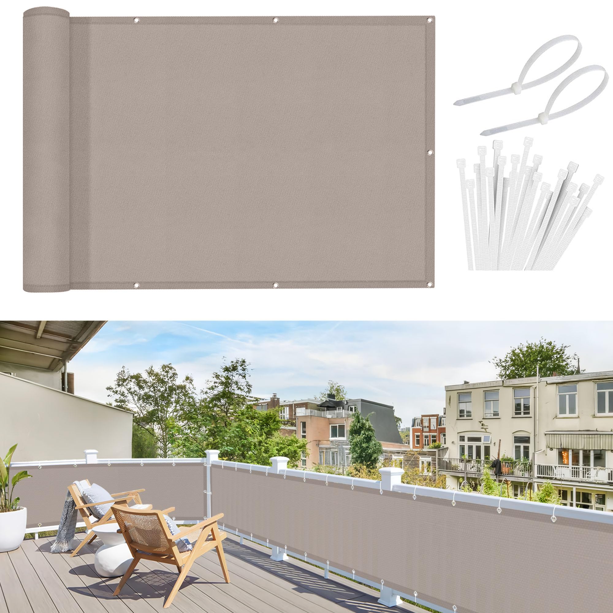 Sunnylaxx Balcony Privacy Screen 80x900 cm Fence Screen for Balcony and Patio,Balcony Cover, PES(170g/㎡) Water-Repellent Wind Protection,with Rope and Aluminium Eyelets Taupe