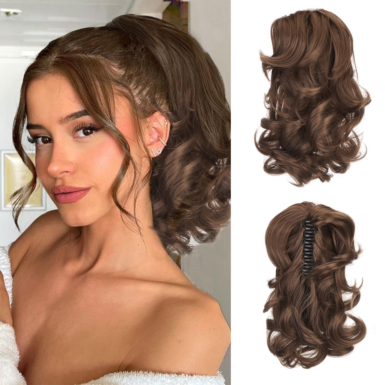 Cybelleza 14 inch Ponytail Hair Extension Curly Wavy Claw Jaw on Long Short Cute Pony Tails Clip in Hair Extensions Ponytail Hairpieces Synthetic for Women, Dark Brown& Auburn — image 1