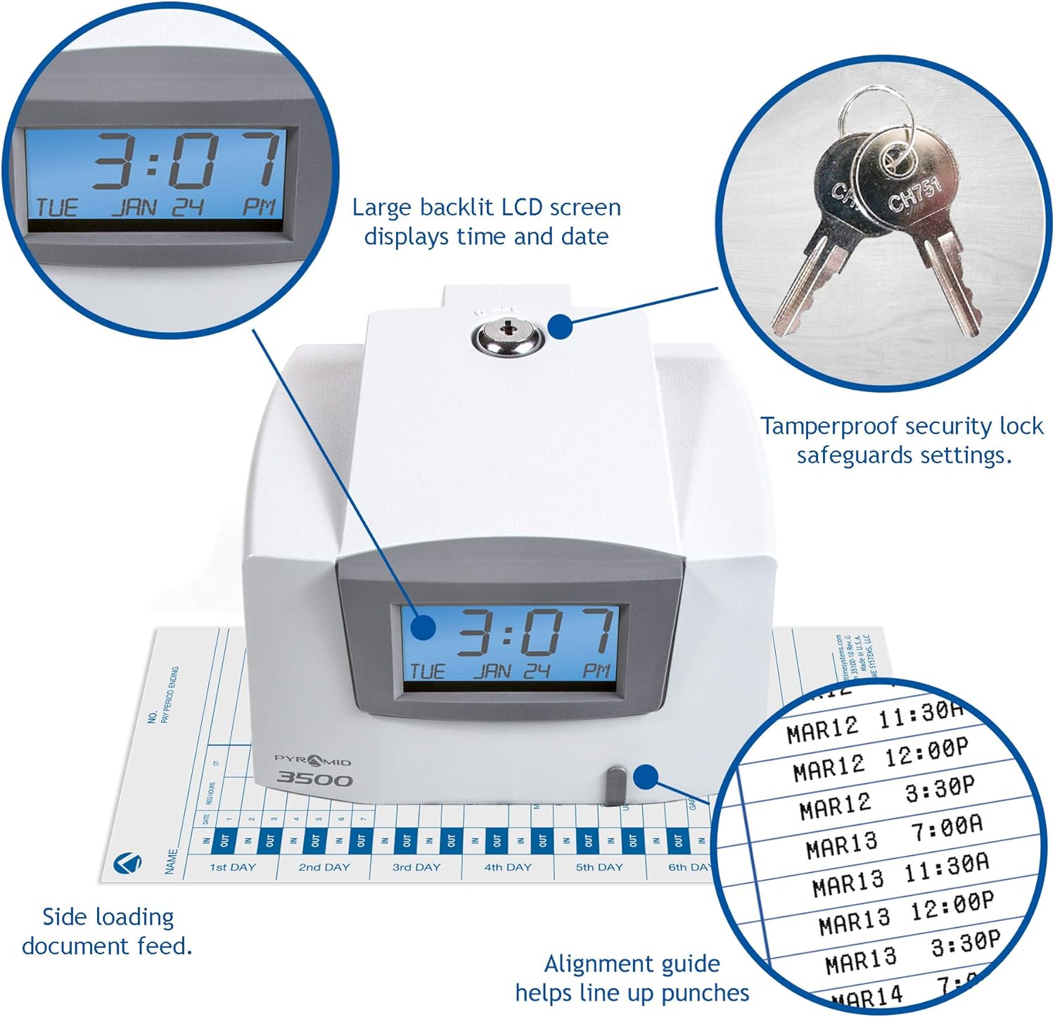 Pyramid Time Systems, Model 3500 Multi-Purpose Time Clock and Document Stamp, includes 25 time cards, ribbon, 2 security keys and user guide, Made in the USA: Electronics