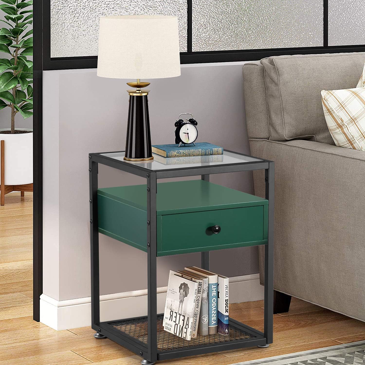 VECELO Nightstand, Tempered Glass End Table, Cabinet with Drawer and Rustic Shelf Decoration in Living Room,Bedroom,Lounge, Green: Home & Kitchen