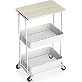 Simple Houseware 2-Tier Rolling Utility Cart with Lockable Wheels and Wood Top, Metal Storage Organizer Trolley for Kitchen, Bathroom, Office, Craft Room, Maple
