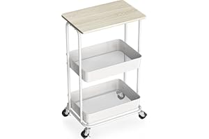 Simple Houseware 3-Tier Metal Rolling Utility Cart with Wooden Top and Lockable Wheel, Storage Organizer Trolley for Kitchen,