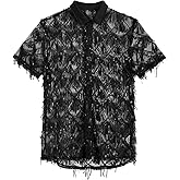 WDIRARA Men's Sequin Decor Fringe Button Front Shirts Short Sleeve Sheer Party T Shirt