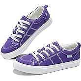 Obtaom Women's White Play Fashion Sneakers Cute Lace up Canvas Shoes Low Top Washed Canvas Flat for Lady