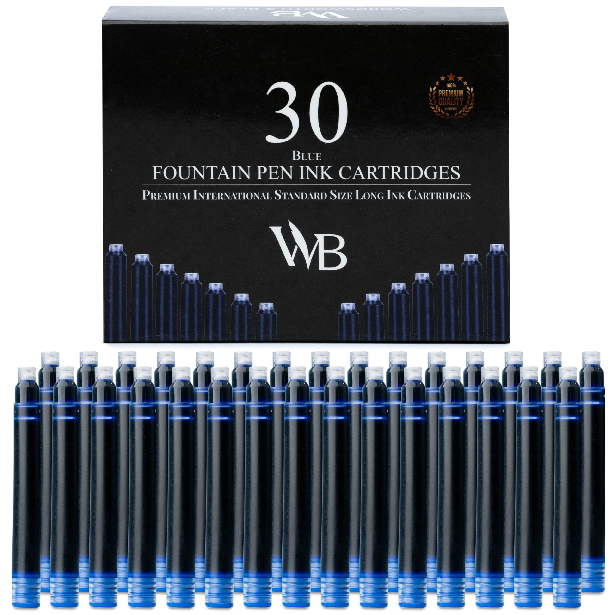 Wordsworth & Black 30 Pack Fountain Pen Ink Refills - Set of 30 Blue Ink Cartridges - International Standard Size - Length APPR 2.3" - Base Diameter APPR 0.24" - Disposable and Generic