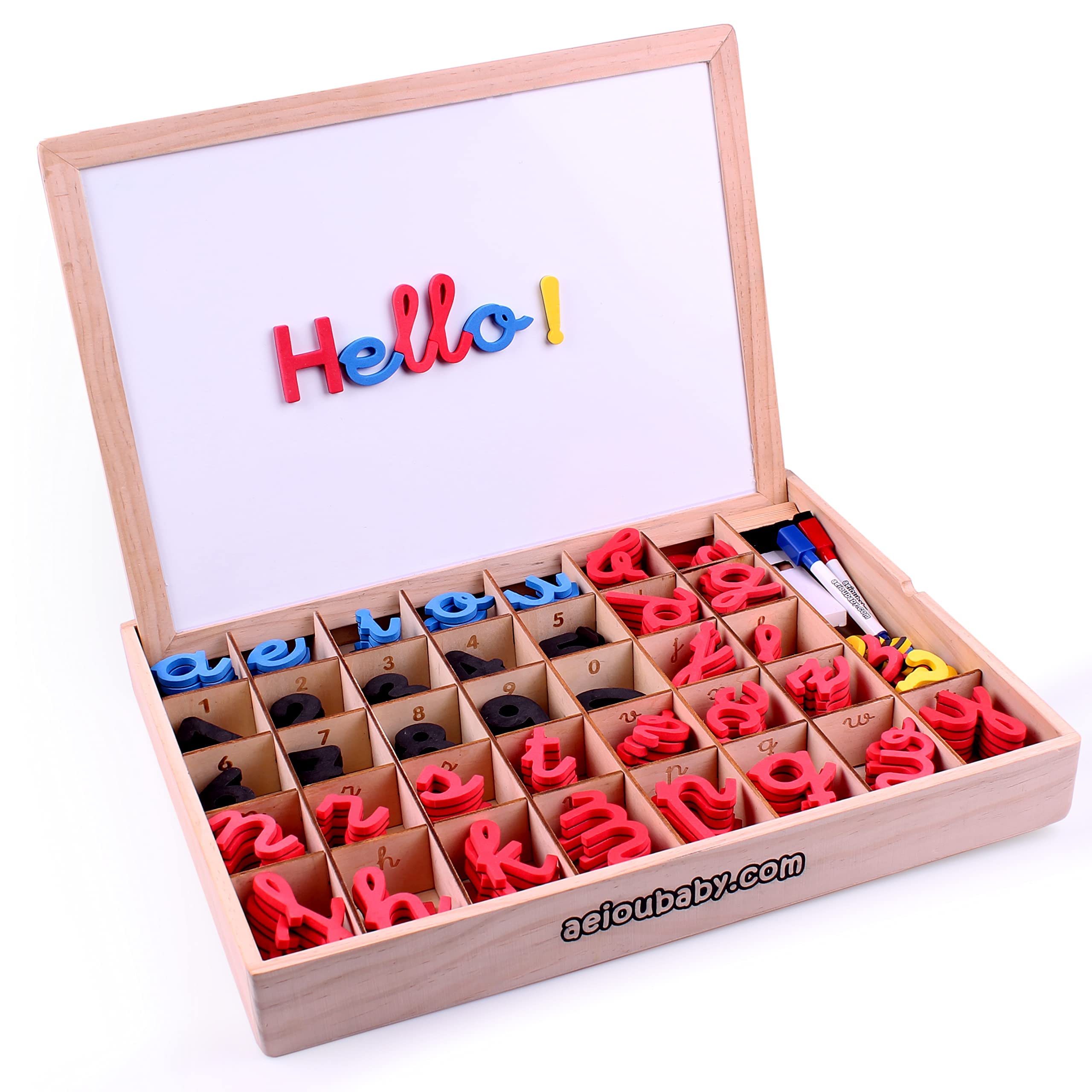 Montessori Magnetic Letters and Numbers | Cursive Alphabet Set with Uppercase, Lowercase, Numerals in EVA Foam | Reversible Whiteboard and Wooden Box | Educational Toy for Reading and Writing Skills