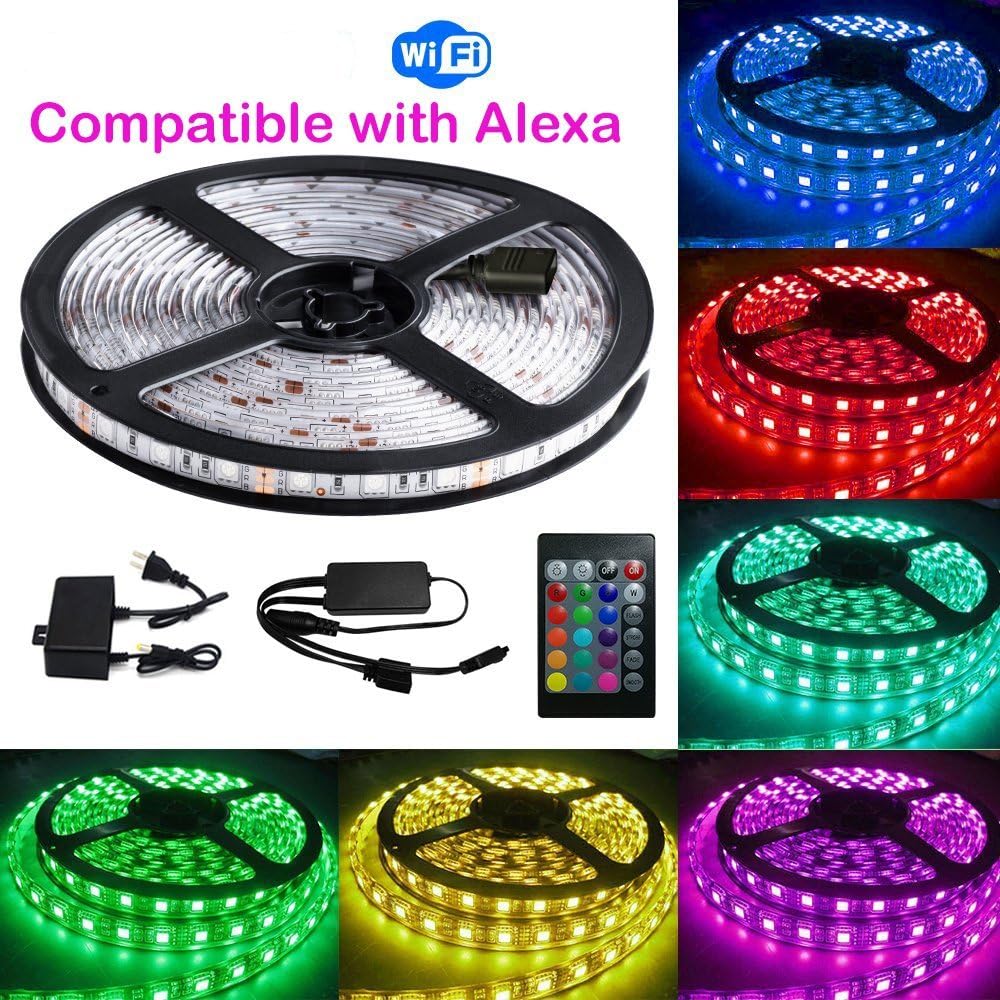 LVGOO WiFi Smart 12V RGB LED Light Strip,16.4ft 300leds 5050 Waterproof LED Lights,Works with eFamilyCloud App, Compatible with Alexa, for Party, Decoration, Lighting, Gift