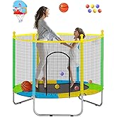 Juoe 55" Trampoline for Kids with Enclosure,Up to 440 Ibs Toddler Mini Trampoline with Net and Basketball Hoop,Indoor/Outdoor Toddler Trampoline for Kids,Gifts for Boys & Girls