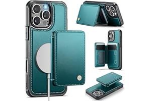 Usroom Compatible with Magsafe for iPhone 16 Pro Wallet Case Magnetic Card Holder, RFID Blocking 2 in 1 Detachable Kickstand Shockproof Case for Women Men, Bluish Green