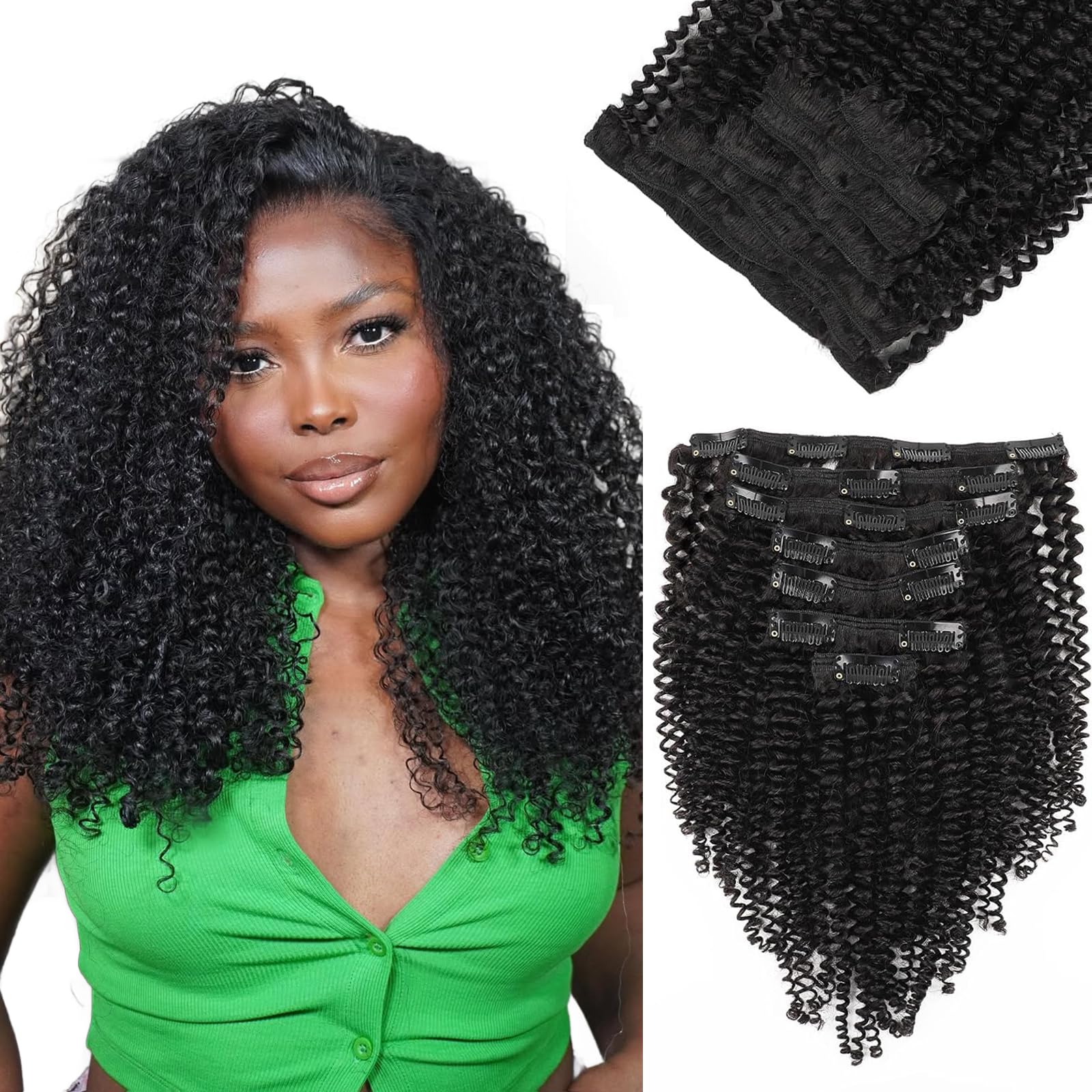 Yuniffe Kinky Curly Clip in Hair Extensions for Black Women Real Human Hair Extensions Clip ins Kinky Curly Natural Black Double Weft Remy Hair Extensions Kinky Clip ins 10 Inch 7Pcs 120g — image 1