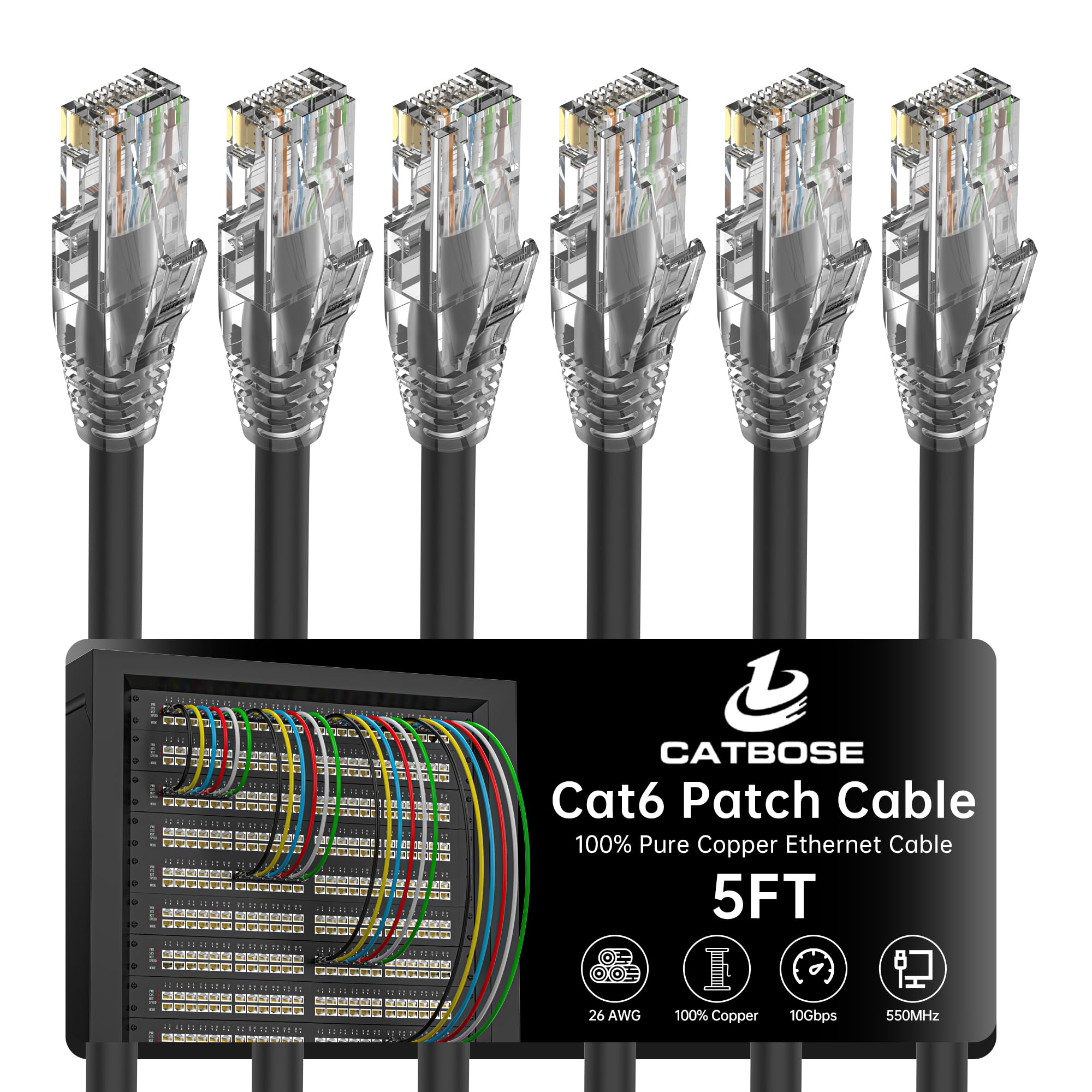 Photo 1 of 5 Feet Cat6 Patch Cable(6 Pack), Solid Pure Copper Patch Cord, Cat 6 Ethernet Cable, UTP Network, High Speed RJ45 Internet Cable, Compatible for Routers, Switches, PC, Servers, PS4/5, Xbox - Black