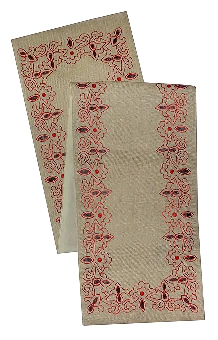 Rituraj Border Trellis Embroidery Jute Table Runner (Rust-Charcoal, 13x72)
