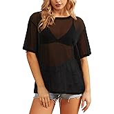 HWOKEFEIYU Women's Summer Short Sleeve Tops See Through Mesh Sheer Sexy T Shirt Blouse
