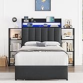 Keyluv Twin Bed Frame with Storage Headboard & Charging Station, Upholstered LED Platform Bed with Bedside Storage Rack & Drawer, Metal Slat Support, No Box Spring Needed, Linen Fabric, Black
