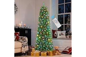 SHareconn 7ft Prelit Artificial Hinged Slim Pencil Christmas Tree, with Remote Controlled Multi-Color RGB Lights, Perfect Cho