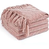 LONG CREATE Chenille Throw Blanket for Couch 50"X 60", Soft Cozy Throws with Fringe Tassel for Bed Sofa Chair Cover, Lightweight Knitted Decorative Boho Blankets for Living Room, Dusty Pink