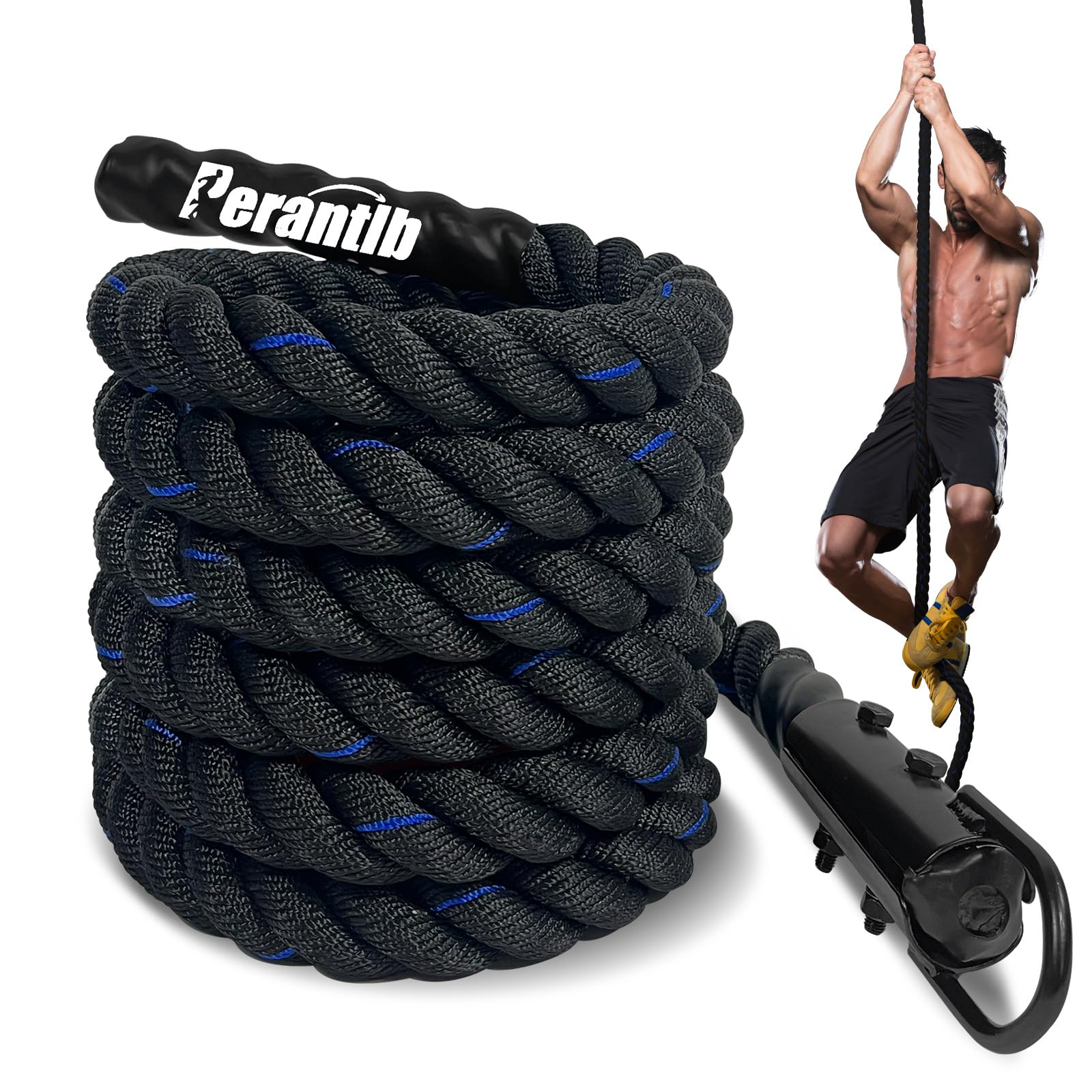 Photo 1 of 100% Polyester Climbing Rope with Hooks - Heavy Duty 1000LBS Load Capacity, 1.5inch Diameter, 10,15,20,25,30,50ft Length for Outdoor Rock Climbing, Rescue & Escape (20ft)
