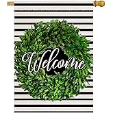 Welcome House Flag, Garden Flag, Garden Flags, Porch Flags, Yard Flags, Farmhouse Decor, Boxwood Burlap Wreath Home Outdoor Decor Double Sided 28 X 40 inch