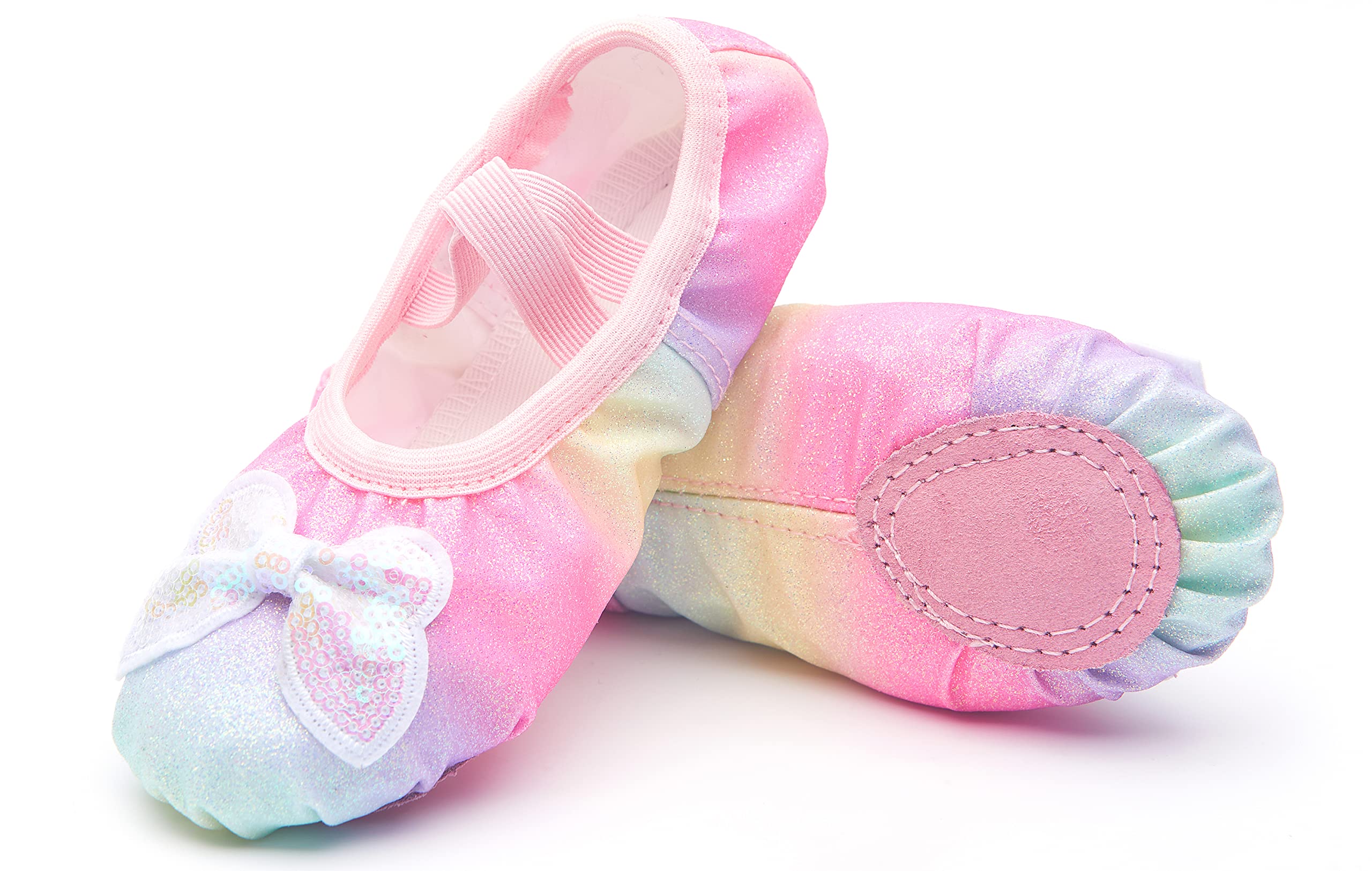 Photo 1 of Girls Ballet Shoes Glitter Split-Sole Dance Slippers Toddler Kid Practice Shoes Flats Soft Lightweight with Elastic Laces for Performance Gymnastics Yoga Glitter Rainbow Butterfly 11