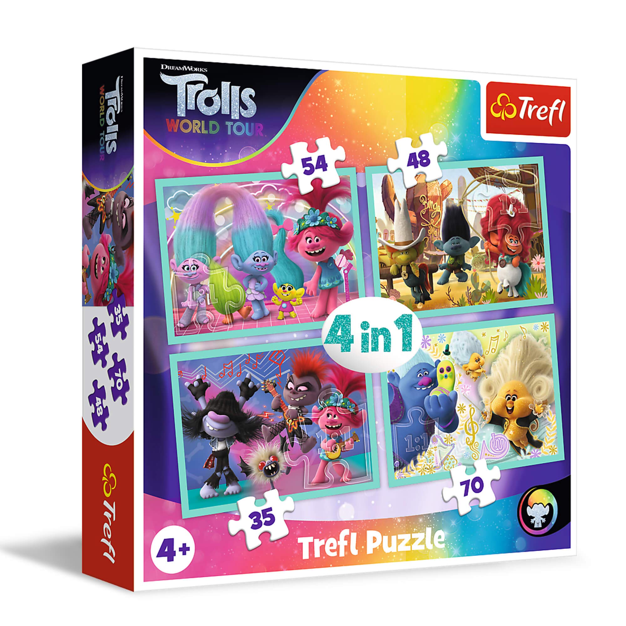 Trefl 34336 World Tour, Trolls 3 von 35 bis 70 Teilen, 4 Sets, für Kinder ab 4 Jahren Puzzle